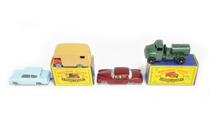Matchbox Lot #7 Ford Anglia/#35 Marshall Horse Box/#53 Merc-Benz 22SE/#71 Army Water Truck Boxed