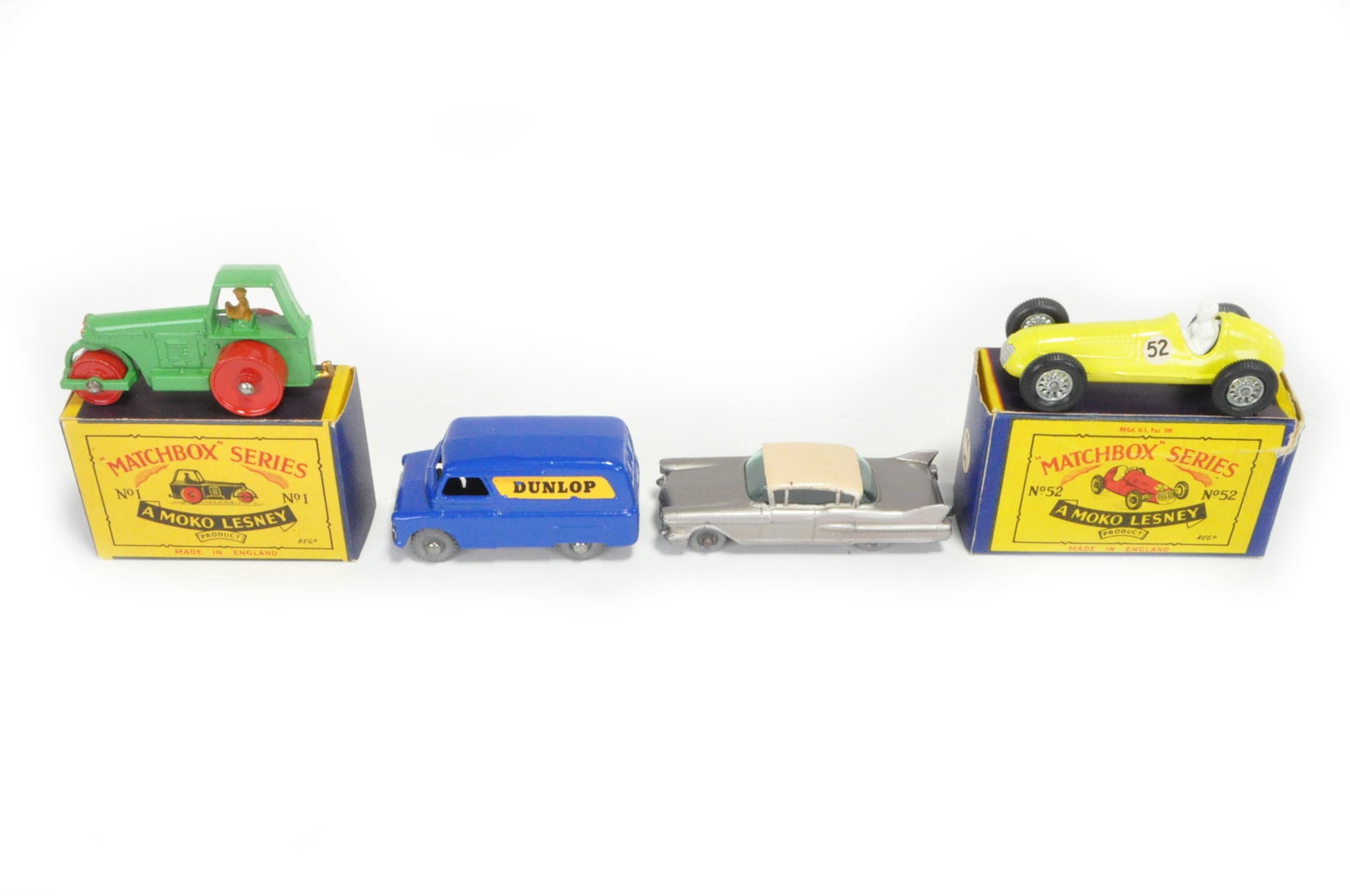 Matchbox MOKO Lot #1Road Roller/#25 Dunlop Van/#27 Cadillac Sixty Special/#52 Maserati 4CLT 52 Racer: This is a Matchbox Series MOKO diecast collection of 4 vehicles some with boxes that were manufactured by Lesney Products & Co. Ltd. of England. The boxes are as shown. This set includes: Lot #1Road
