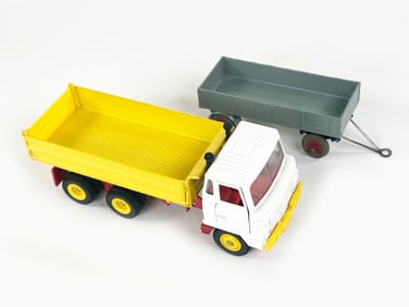 Dinky Toys Dump Truck and Early Grey Wheel Trailer Diecasts