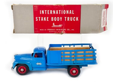 Striking Blue International Stake Truck with Box and Load, Tru Miniatures