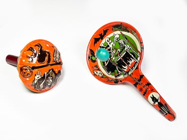 U.S. Metal Toy Mfg. Co. Noise Maker Witch, Spooky House, Pumpkin, Cat, Jack-o-lantern Tins