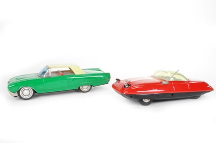 Lot of 2 Ichiko Green Tin Thunderbird and Red Space Age Tin Japanese Cars