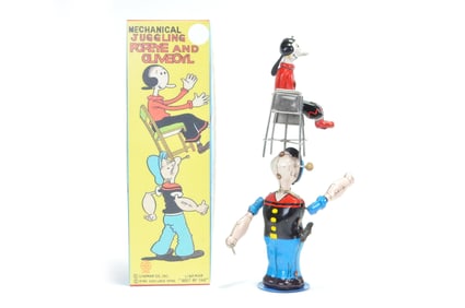Mechanical Juggling Popeye and Olive Oyl by Linemar/Marx Boxed