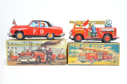 Fire Engine Tin Toy Lot of 2 with Fire Chief and Ladder Truck