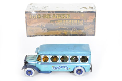 Bus Deluxe 105 Strauss with Box and Driver Tin Toy Windup