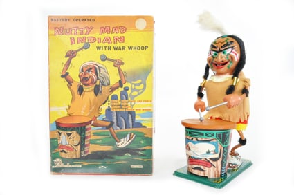 Nutty Mad Indian Battery Op Toy Large 12" Tin.