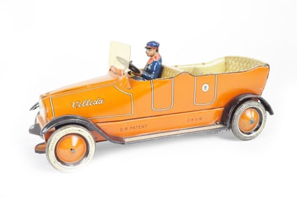 Lehmann Velleda Tin Windup Car in Beautiful Orange.