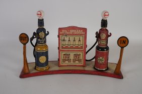 Louis Marx Ethyl Gas Pumps and Grease Rack Set Tin Litho