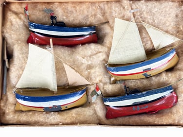 Little Navy Tin and Lead Ship Toy Set and Box Ca 1905