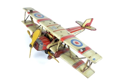 J Distler JD1719 Tin Battery and Windup Biplane with lights