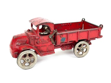Red Arcade Mack Dump Truck with Sticker Cast Iron