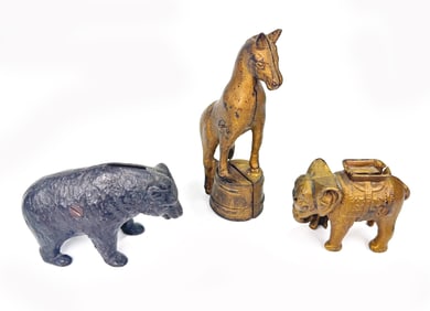 Bear, Elephant and Standing Donkey Still Banks by AC Williams, cast iron.