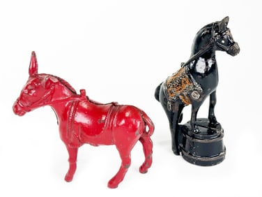 Cast Iron Donkey Bank in Red and Horse on Tub AC Williams Toys