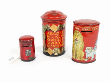 Rare English Tin Coin Bank Toys Trio circa 1920