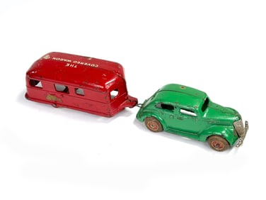 Arcade Toys Cast Iron Car with Covered Wagon Trailer