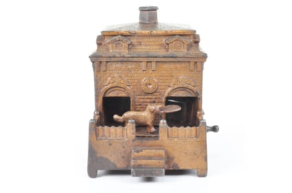 Dog on Turntable Mechanical Bank in Gold Cast Iron H.L. Judd