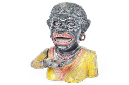 English Dinah Mechanical Cast Iron Bank, Yellow Variation