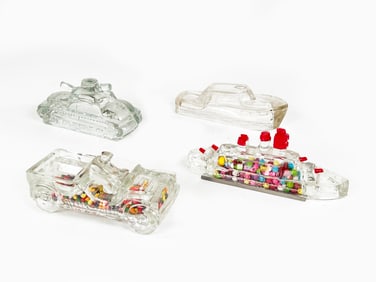Military Tank, PT Boat, Battleship & Jeep Glass Candy Container Group Lot of 4