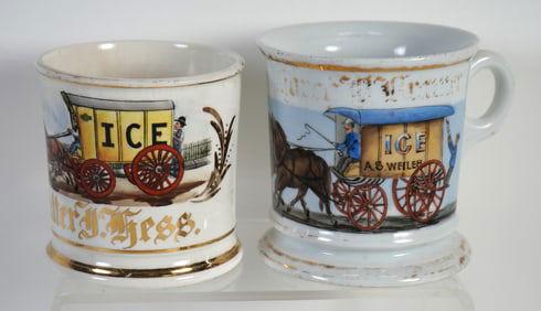 Pair of Named Occupational Shaving Mug Featuring Horse Drawn Ice Wagons