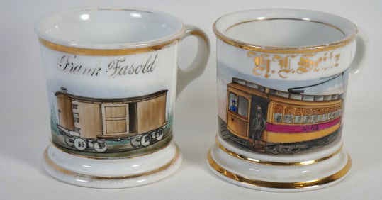 Pair of Named Occupational Shaving Mugs Featuring Trolley Car & Boxcar Railroad