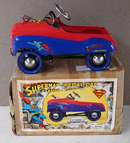 Superman Pedal Car in Original Box Full Size Steel by Gearbox Pedal Cars