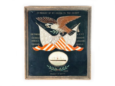 Battleship and American Flag with Ship Patriotic Folk Art Needlework