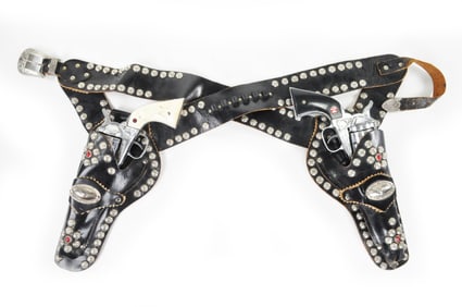 Nichols Stallion 45 Cap Guns & Ornate Jewelled Western Cowboy Leather Holster