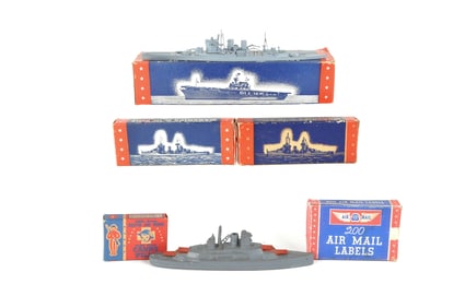 Tootsie Toy Ship, Boxed Comet Metal Prods Battleships & Boxes, 1940s Military Boxes Lot of 6
