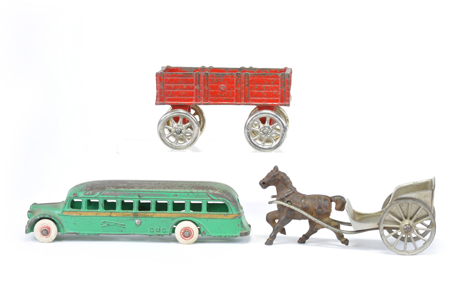 Arcade Cast Iron Greyhound Lines Gmc Green Bus, Arcade Red Wagon