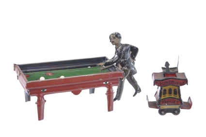 German Pool Player Penny Toy with Toonerville Trolley Tin