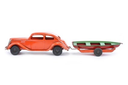 Kingsbury Red Ford Coupe with Boat and Trailer in Steel