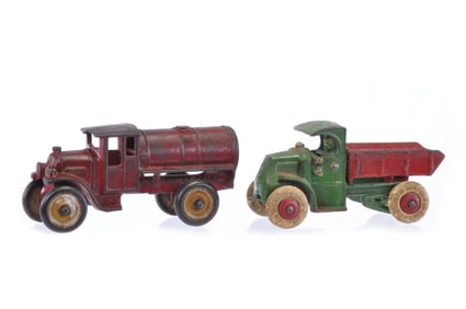 Kenton ca. 1929 Red Water Sprinkler Truck with Hubley Dump Truck in Cast Iron