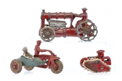 Hubley COP Motorcycle, Kilgore Tank, and Williams Tractor Lot of 3 Cast Iron