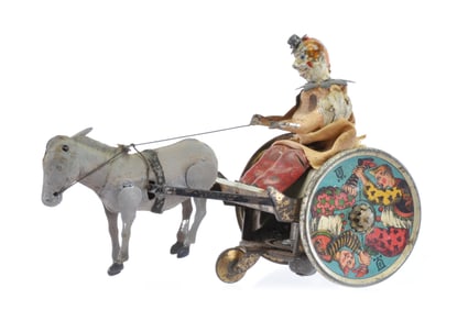 Lehmann Tin Lithographed Windup No. 425 “The Balky Mule" Clown & Donkey Cart Germany
