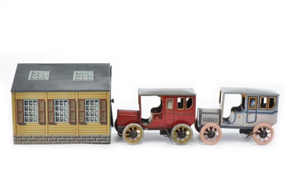 Beautiful Bing Sedan and Garage Tin Toy Set