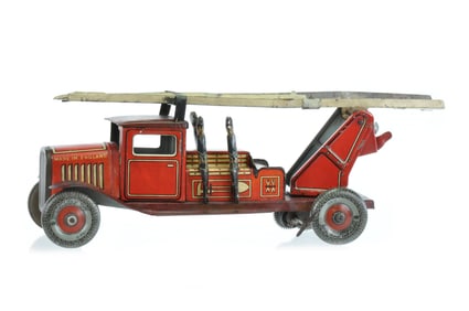 Large English Tin Fire ladder Windup Toy by Mettoy