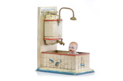 Early GoSo German Tin Bathtub with Overhead Shower & Porcelain Baby