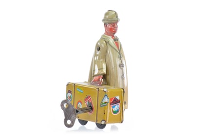 Fritz Voit Traveler with Suitcase German Tin Windup
