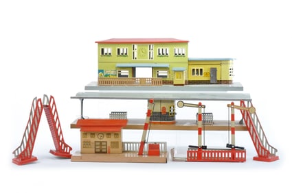 German Tin Train Station with Bridge and Tin Accessories by Ottmar Beckh