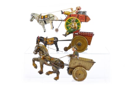 Strauss & Marx Horse Drawn Car Tin Windup Lot of 3