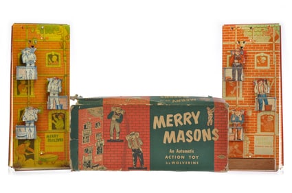 Codeg Productions Tin Lithographed “Merry Masons Automatic Sand Toy" x2 Boxed/Unboxed