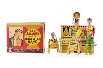 Unique Art ca. 1940’s Tin Litho Windup “Li’l Abner and his Dogpatch Band?? with Box