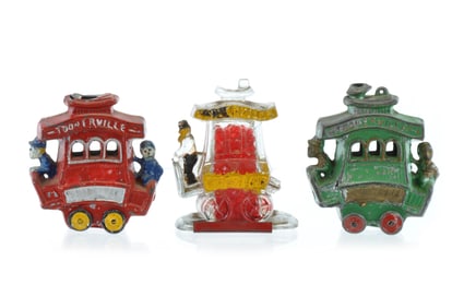 Fontaine Fox Toonerville Trolleys Dent Hardware Slush Mold Lead & Glass Candy Container Lot of 3