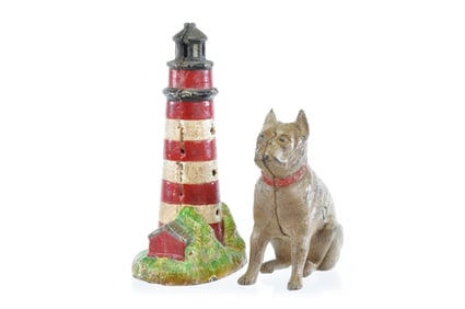 Hubley Cast Iron No. 826 Sitting Bulldog Bank & Cast Iron Light House Still Bank Lot of 2