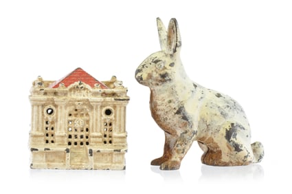 Hubley Cast Iron No. 806 Sitting Rabbit & Wright ca. 1960 Treasury Bank Still Penny Banks