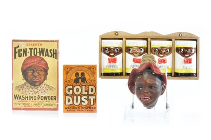 4 Pc. Lot of Black Americana Spice Rack, Twine Holder, Fun-To-Wash & Fairbank's Gold Dust Boxes