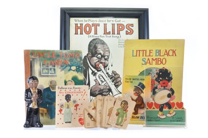 8 pc. Lot of Black Americana Cards, Playing Cards, Framed Sheet Music, Ceramic, & Books