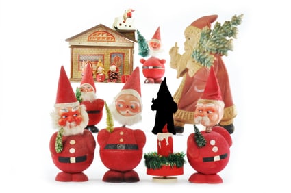 13 pc. Vintage Christmas Decor Set Santas, Music Box, House, & More