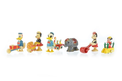 Vintage Walt Disney Character Pull and Windup Toys Mickey, Minnie, Dumbo, and Donald