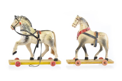European Wooden Horses on Platform with Wheels Set of 2